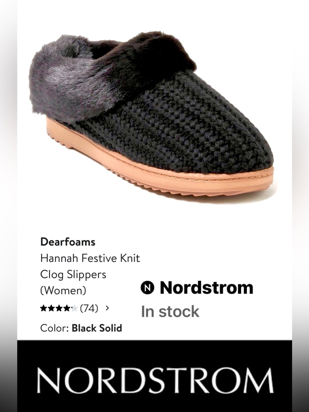 Dearfoams Black Hannah Festive Knit Clog Slippers size 7-8 M indoor/outdoor use
